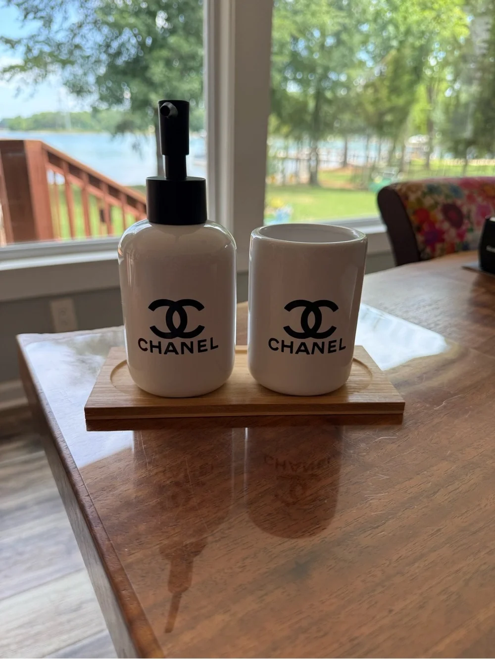ChaneI White Ceramic Vanity Dispenser and Cup Set with Black Logo